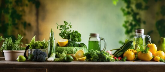 Sticker - In the kitchen with a background of wood and a glass of refreshing green juice I enjoy cooking healthy vegetable packed meals that nourish both the body and the soul embracing a lifestyle ro