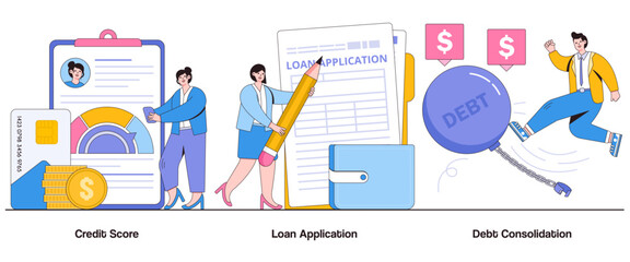 Poster - Credit score, loan application, debt consolidation concept with character. Financial stability abstract vector illustration set. Creditworthiness, borrowing responsibly, debt management metaphor