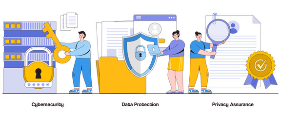 Poster - Cybersecurity, data protection, privacy assurance concept with character. Business resilience abstract vector illustration set. Threat detection, secure networks, shielding strategy metaphor
