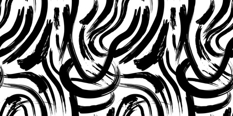 Poster - black and white abstract brush stroke painting seamless pattern illustration. modern paint line back