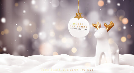 Poster - Christmas cute white ceramic deer with golden horns stands in snow against a background of gray blurred light bokeh. hanging on ribbon decorative label in shape of xmas ball. vector illustration