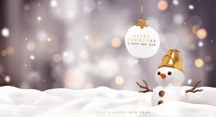 Wall Mural - Christmas festive winter background. Realistic 3d design of snowman standing in snow, hanging on ribbon decorative label in shape of xmas ball, backdrop gray blurred light bokeh. vector illustration