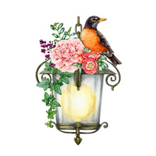 Vintage Style Metal Lantern With Garden Flowers And Robin Bird Decor. Watercolor Illustration. Hand Painted Old Garden Lamp With Floral Decor And Backyards Robin Bird. Isolated On White Background