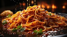 Close Up Delicious Spaghetti Full Of Spices, Black And Blur Background
