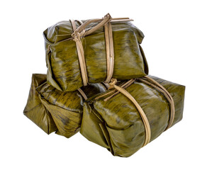 Thai traditional sticky rice dessert in banana leaf packaging. transparent png