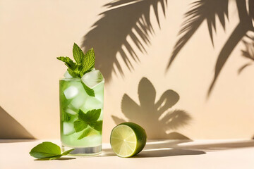 cold Mojito cocktail with rum, lime, ice cubes and mint