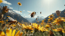 Generative AI 3d Shots Of Bees Flying In Search Of Flowers