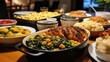 An array of delectable dishes arranged on a table, potluck holiday dishes, ready for a festive gathering.