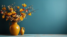 Ocean Blue Background Beutiful Yellow Flowers In The Vase At Turquise Blue Background - Bouquet Of Yellow Flowers In Vase - Ai