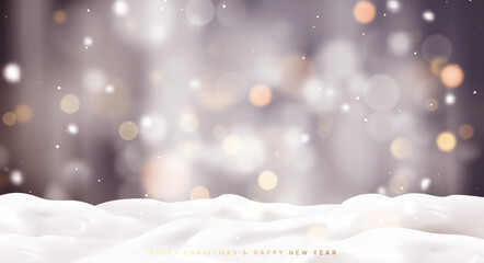 Poster - White snow background. Christmas snow landscape with lights bokeh blur effect. Winter snowdrift realistic 3d design. Vector illustration