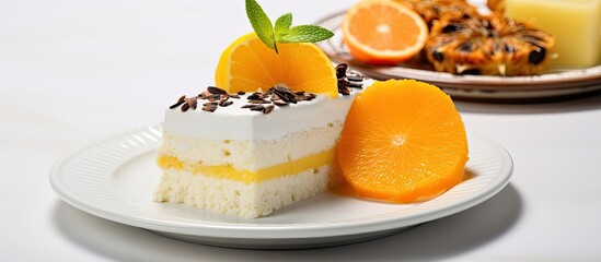 The isolated bakery served a delicious white cake topped with black and orange pineapple slices on a pristine white plate offering a healthy and natural fruit option for those following a di