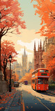 Fototapeta Londyn - Autumn leaves london bus cartoon style