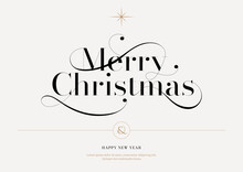 Merry Christmas Lettering Template. Xmas Greeting Card Template, Invitation Script Calligraphy, Creative Typographic Quote, Holiday Postcard Element. Hand Drawn Style. Trendy Vector Line Illustration.