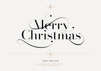 Wall Mural - Merry Christmas lettering template. Xmas greeting card template, Invitation script calligraphy, Creative typographic quote, Holiday postcard element. Hand drawn style. Trendy vector line illustration.