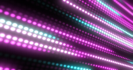 Poster - Abstract bright purple background pattern of flying lines of dots and glowing circles of futuristic digital energy magical bright particles