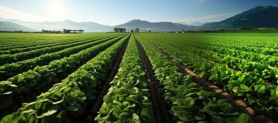 In this wide-format image, a panoramic view unfolds, revealing a flourishing farm adorned with leafy green vegetables, set against the backdrop of distant mountains. Photorealistic illustration