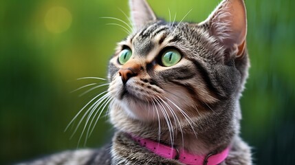 Poster - Portrait of a beautiful tabby cat with green eyes and pink nose outdoors on green background, close up. Domestic European shorthair cat. : Generative AI