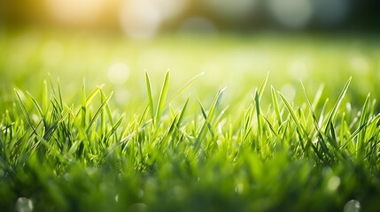 Aufkleber - Fresh green grass field on blurred bokeh background close up, ears on meadow soft focus macro, beautiful sunlight summer lawn, spring season nature landscape, natural green grass textu : Generative AI