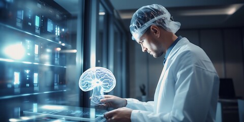 Aufkleber - Doctor use robotic and innovative medical technology diagnose and examine patient brain with intelligence software. AI, Innovation medical healthcare and digital science technology in  : Generative AI