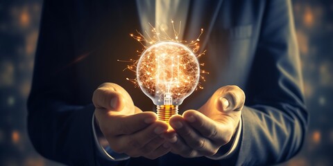 Poster - Businessman holding light bulb and brain inside, Idea and imagination, Creative and inspiration, Science innovation with network connection, Solution analysis and development, Innovati : Generative AI