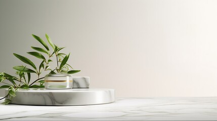 Poster - Luxury marble table with plant shadow on white wall and stone podium for product placement display. Trendy neutral aesthetic mockup template for beauty and cosmetics scene. : Generative AI
