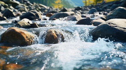 Poster - Streams of water between mountain stones in close-up. Beautiful alpine river stream with fast running water and pebbles. Flowing water in a gorgeous scene. Beautiful river rapids. : Generative AI