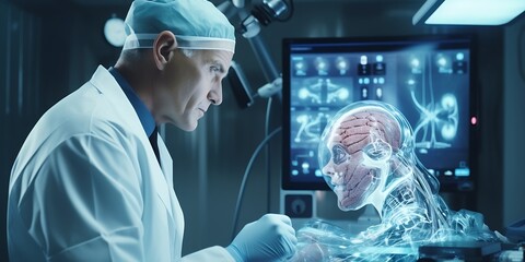 Aufkleber - Doctor use robotic and innovative medical technology diagnose and examine patient brain with intelligence software. AI, Innovation medical healthcare and digital science technology in  : Generative AI