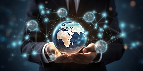 Wall Mural - Businessman holding global network connection on social networking and customer data analytics, Business strategy and smart intelligence, digital marketing, Technology and global busin : Generative AI