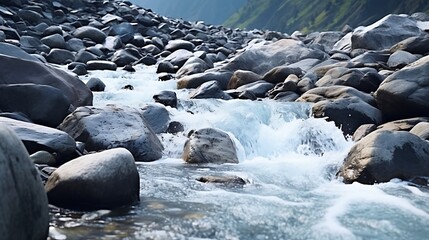 Poster - Streams of water between mountain stones in close-up. Beautiful alpine river stream with fast running water and pebbles. Flowing water in a gorgeous scene. Beautiful river rapids. : Generative AI