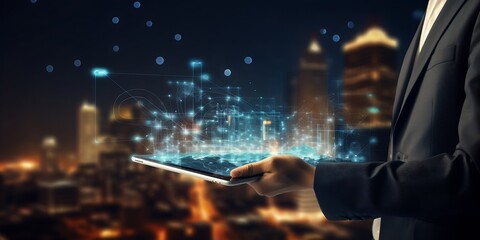Leinwandbilder - Digital technology, Business network connection, Teamwork, Deal, Partnership and data exchange, Investment analysis, planning and strategy. Businessman working with digital device on s : Generative AI