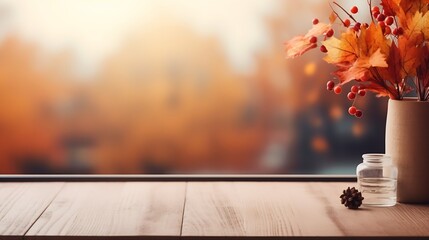 Wall Mural - Table background of free space and autumn window. Home interior. : Generative AI