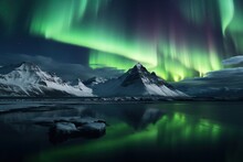 Northern Lights Over Snowy Mountain Range With Reflection In Water