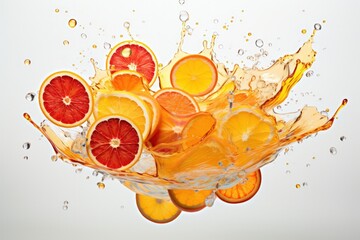 Wall Mural - Water splash on fresh orange with leaves isolated on white background.