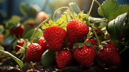 Fresh natural sweet red strawberries on branches in the garden bed. Concept of natural healthy eco food and farming