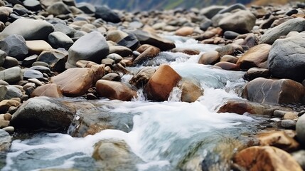 Poster - Streams of water between mountain stones in close-up. Beautiful alpine river stream with fast running water and pebbles. Flowing water in a gorgeous scene. Beautiful river rapids. : Generative AI