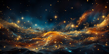 Ocean Waves Watercolor Texture Background. Unique Blue And Gold Ocean Waves And Stars At Night. Vita’s Illustration Banner For Copy Space On Mobile, Web Magic