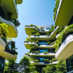 Green architecture. Sustainable glass office building with solar panels and vertical garden. Modern contemporary office building with green environment. Eco-friendly corporate building.