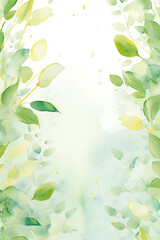 Wall Mural - Abstract watercolor background with green eucalyptus leaves. Luxurious wallpaper. Banner with white background blue and green watercolor stains. Golden cherry leaves wall art with shiny light texture.