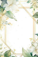 Wall Mural - Watercolor floral illustration - leaves and branches wreath / frame with gold geometric shape, for wedding stationary, greetings, wallpapers, fashion, background. Eucalyptus, olive, green leaves, etc.