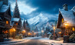 Santa's Secret Retreat: Matte Painting of a Snowy Village and Christmas Trees