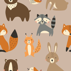 Wall Mural - Seamless pattern of cute woodland animals and birds. Vector illustration for nursery and textile decoration