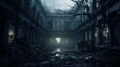 Design a sinister-looking, overgrown asylum with shattered windows, twisted corridors, and a sense of abandoned sanity
