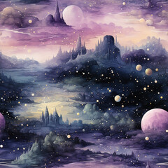 Wall Mural - Watercolor galaxy space cosmic repeat pattern