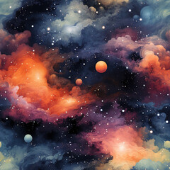 Wall Mural - Watercolor galaxy space cosmic repeat pattern