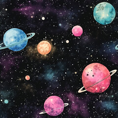 Wall Mural - Watercolor galaxy space cosmic repeat pattern