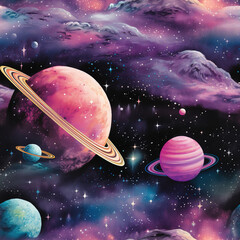 Wall Mural - Watercolor galaxy space cosmic repeat pattern
