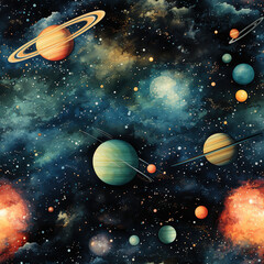 Wall Mural - Watercolor galaxy space cosmic repeat pattern
