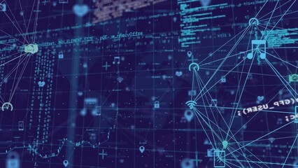 Poster - Animation of connected icons globes and computer language over abstract background