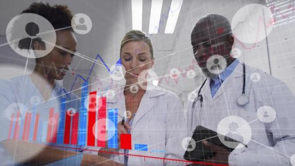 Sticker - Animation of graphs, connected icons, computer language, diverse doctor discussing patient reports