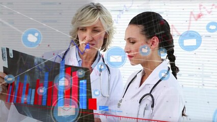 Poster - Animation of connected icons, computer language, diverse female doctors examining x ray reports